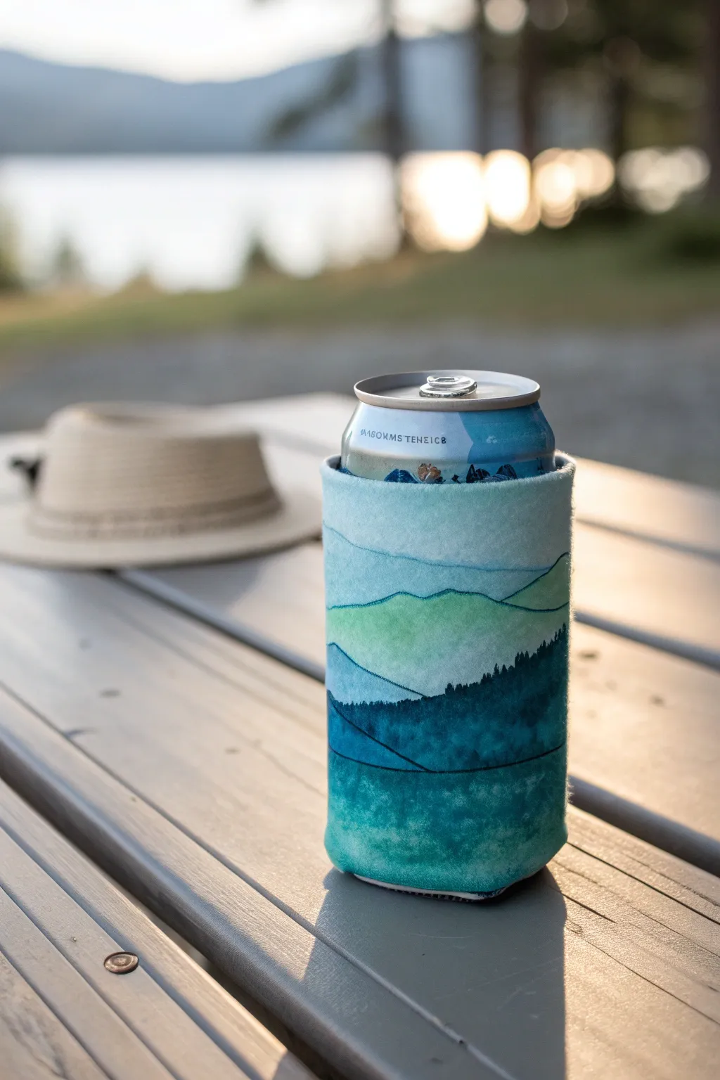 Bring the calm of lakeside serenity to your camping trip with a watercolor koozie.