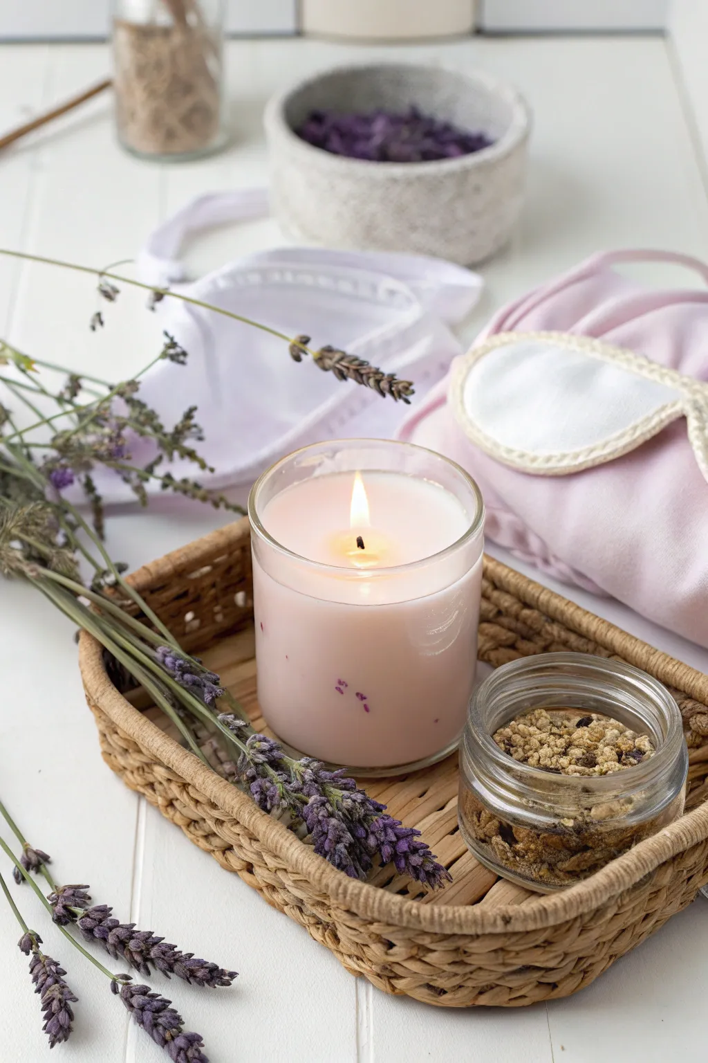 Embrace tranquility with this dreamy lavender candle setup, perfect for a restful night's sleep.