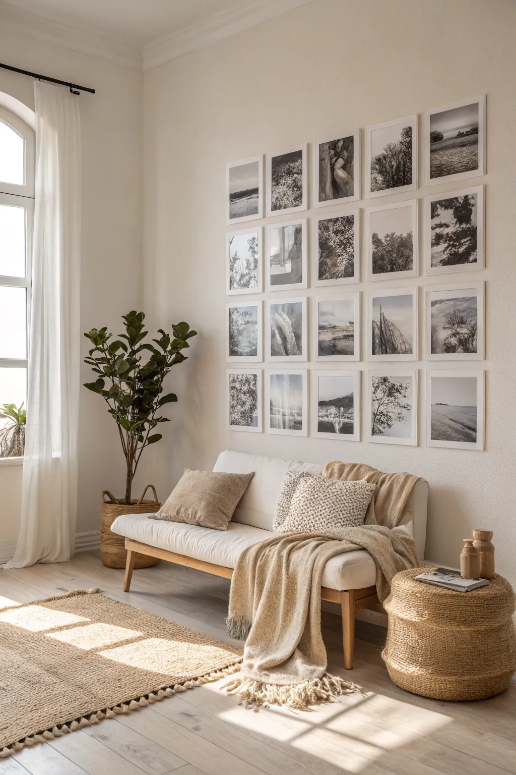 Elevate your space with the timeless elegance of a black-and-white photo collage.