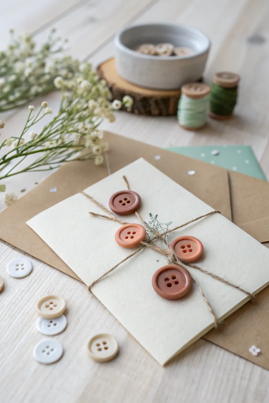 Add a playful touch to your homemade cards with charming button embellishments. Perfect for a minimalist, handcrafted aesthetic.