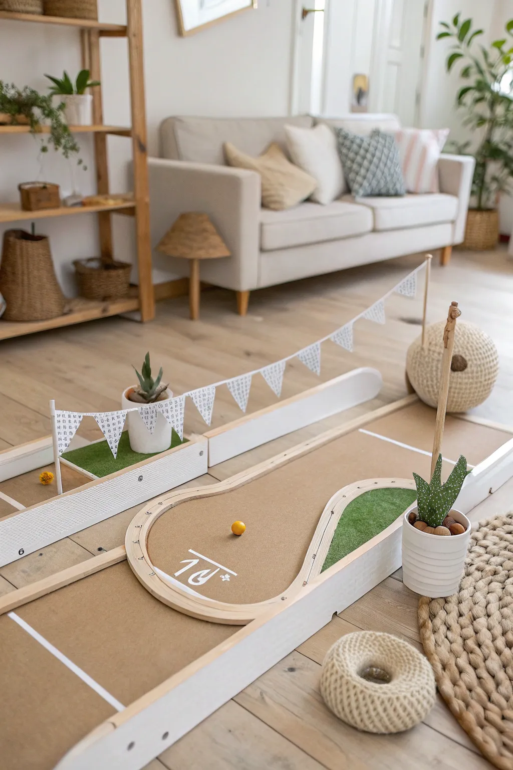 Transform your space with a handcrafted cardboard golf course, where minimalist design meets playful creativity. ⛳️✨ #CardboardCrafts #ScandiBoho