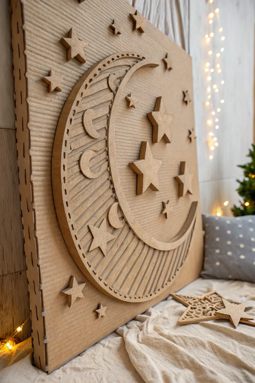 Embrace the cosmos with this serene cardboard celestial sculpture, perfect for adding a touch of dreamy elegance to any space.