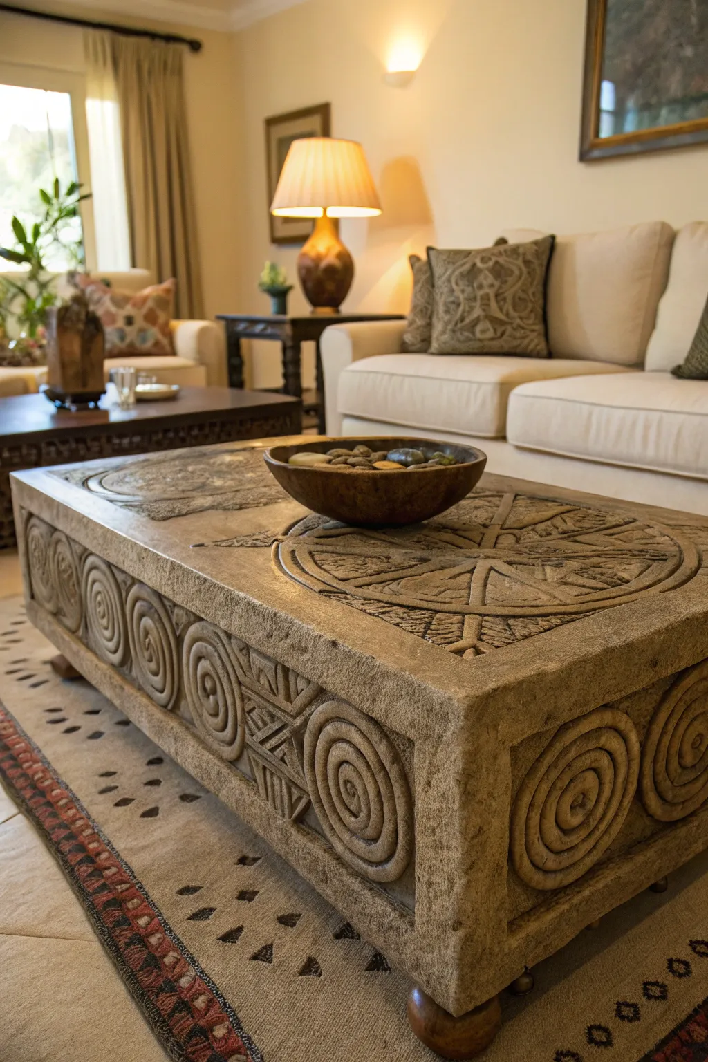Rock carving-inspired furniture makes a statement.