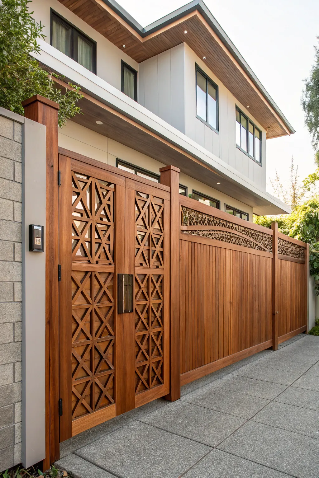 Elevate your home’s entrance with a cedar gate that merges modern design and natural beauty.
