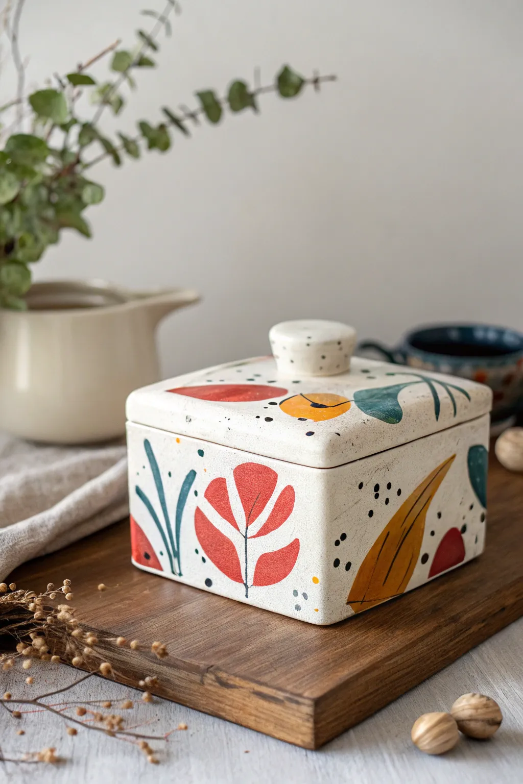 Add a touch of abstract artistry to your space with this exquisite ceramic box.