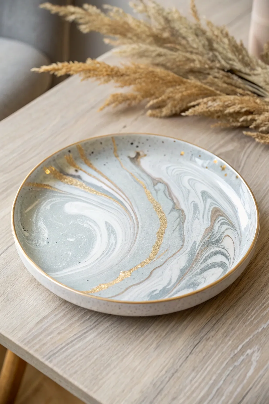 Embrace the art of simplicity with this elegant marble-inspired ceramic plate.