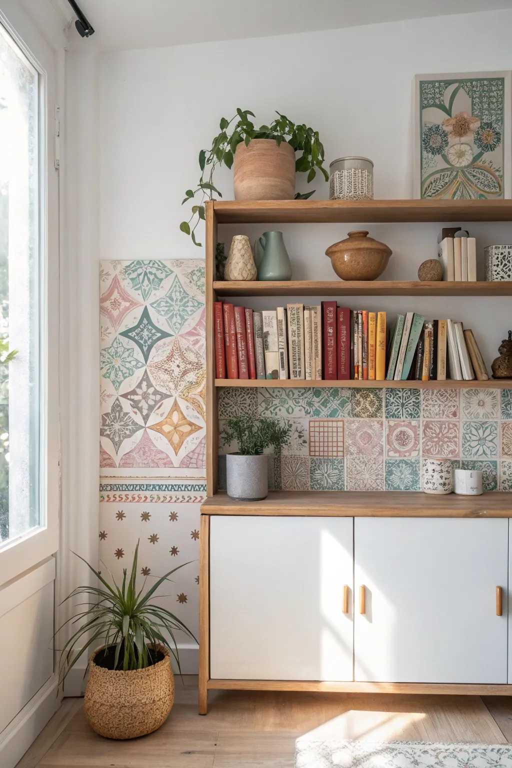 Transform your reading nook with a touch of ceramic elegance. #TiledBookshelf #ScandiBoho