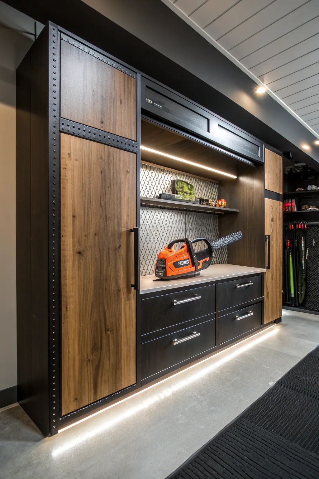 Elevate your garage with a custom-built nook that keeps your chainsaw stored in style. 🔧🪚 #GarageGoals #ToolOrganization