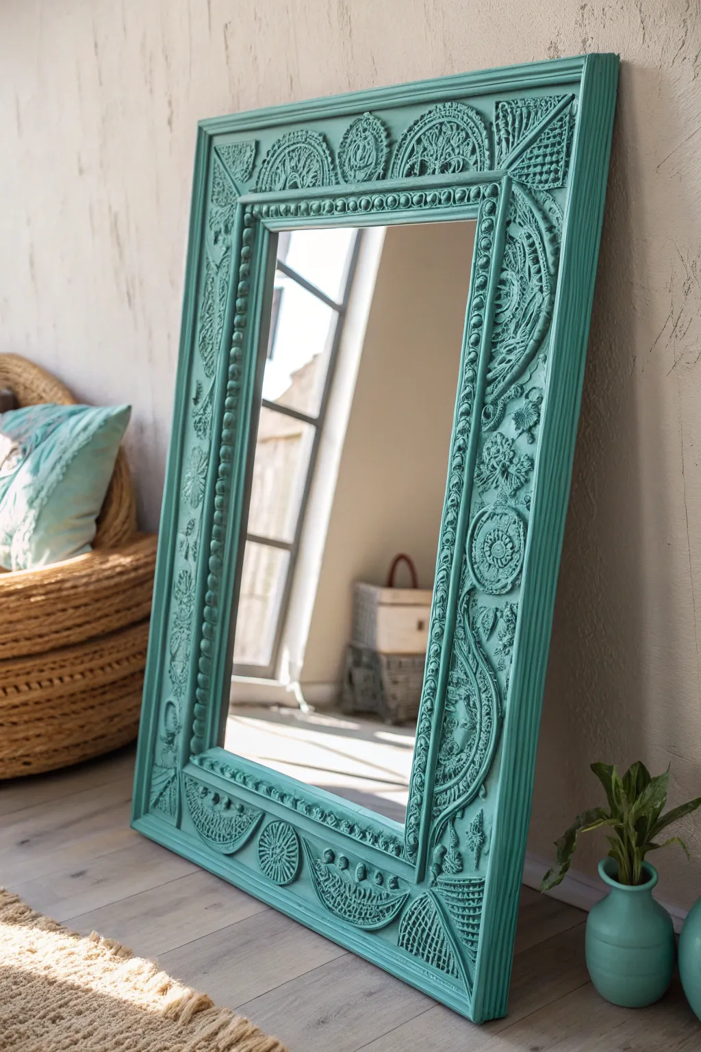 Transform your space with a pop of color: a bold teal mirror frame that speaks volumes in simplicity and style.