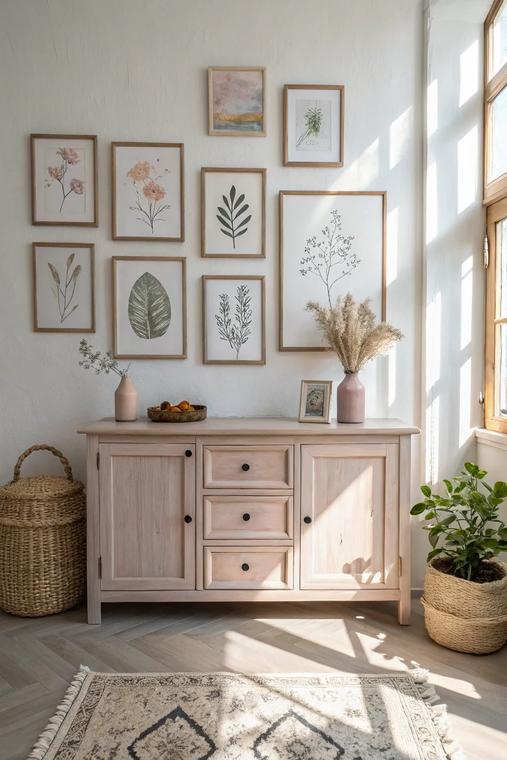 Elevate your space with a charming chalk-painted buffet and an artful gallery wall for a touch of minimalist elegance.