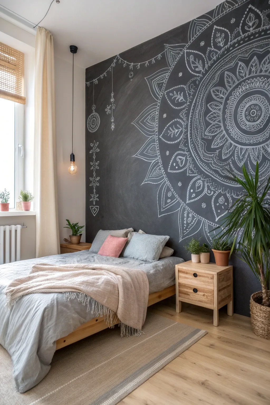 Elevate your space with artistic chalkboard borders for a seamless Scandinavian-Boho blend.