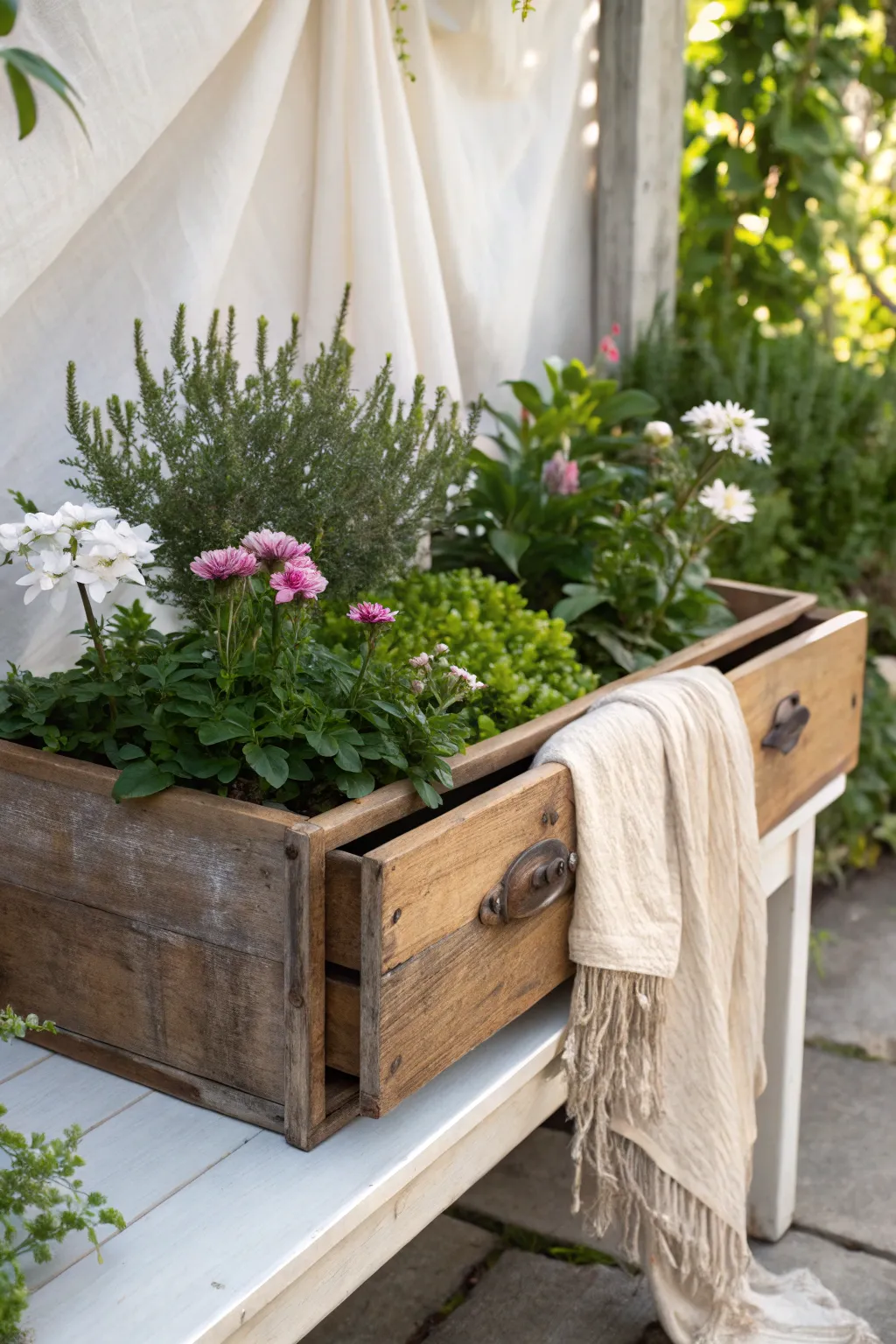 Transform old drawers into enchanting planters for your minimalist garden oasis.
