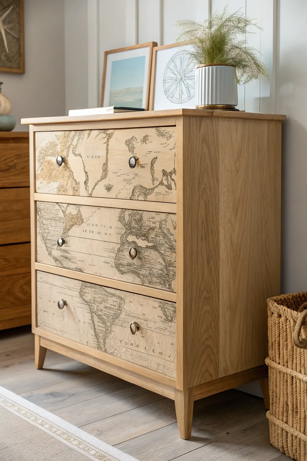 Explore the world from your room with this decoupage delight—where vintage maps meet Scandinavian elegance.