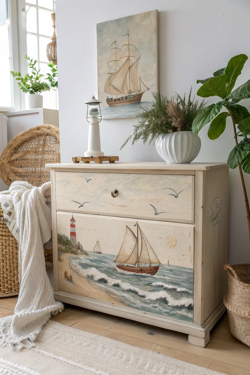 Add a touch of storytelling to your space with a themed chest design that speaks of distant shores and serene seas.