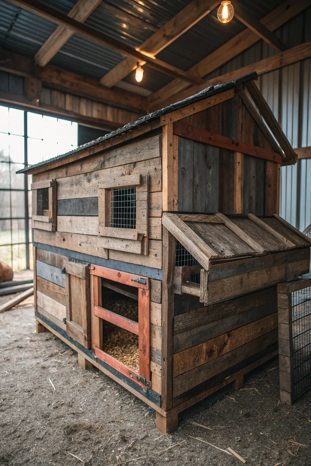 Transform your barn with a stylish chicken coop made from recycled materials.