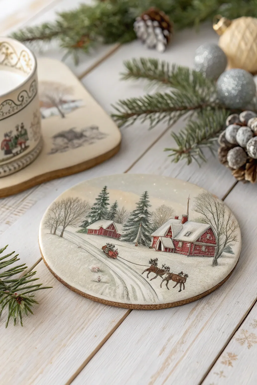 Add a nostalgic touch to your holiday decor with vintage Christmas scene coasters. 🎄✨