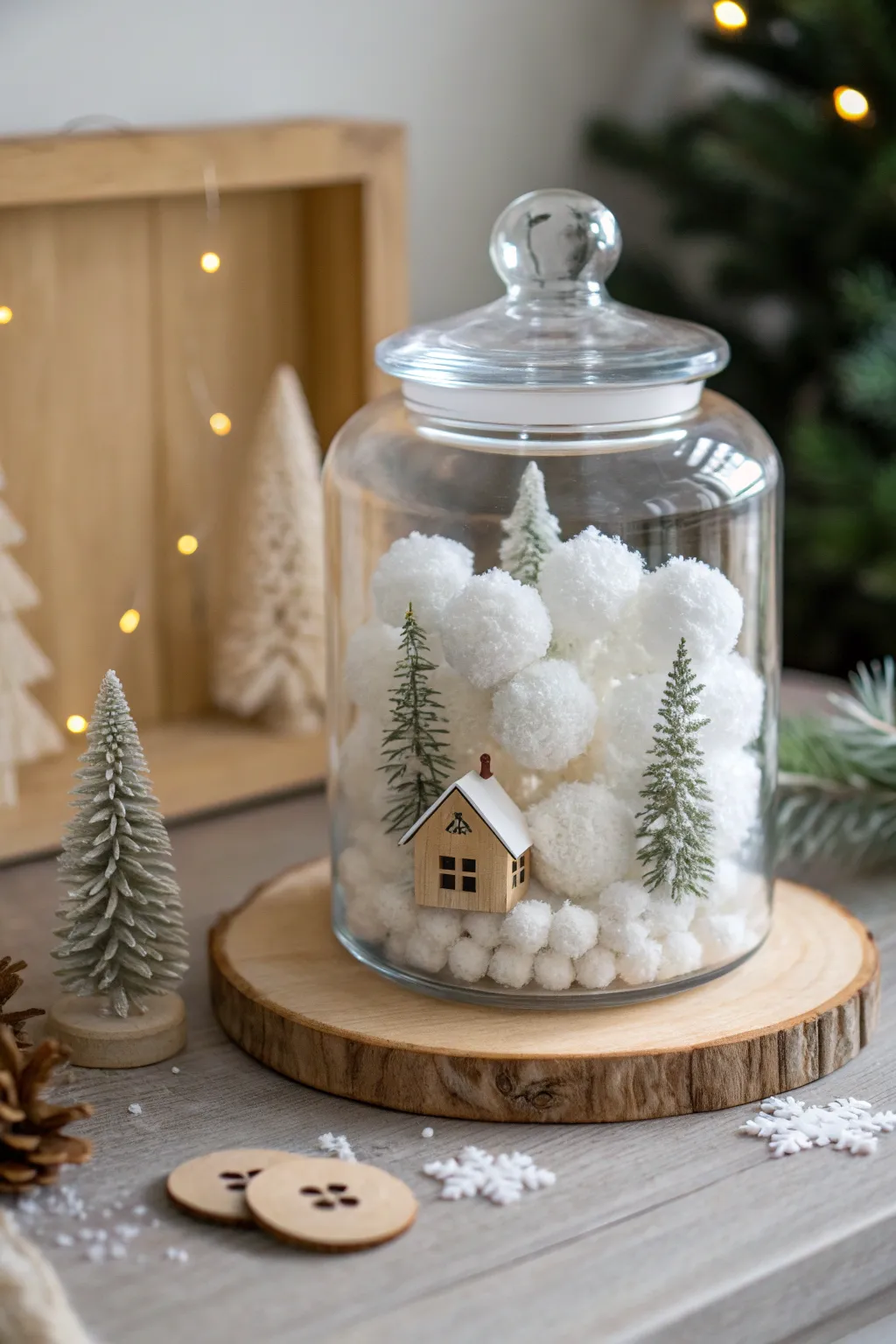 Capture the magic of winter with a simple yet enchanting pom pom snow scene in a jar.