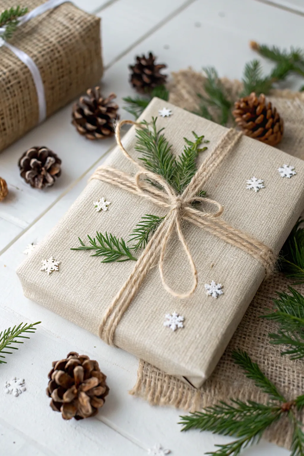 Wrap your gifts in rustic charm with burlap and nature's accents for a Christmas touch that's both elegant and eco-friendly.