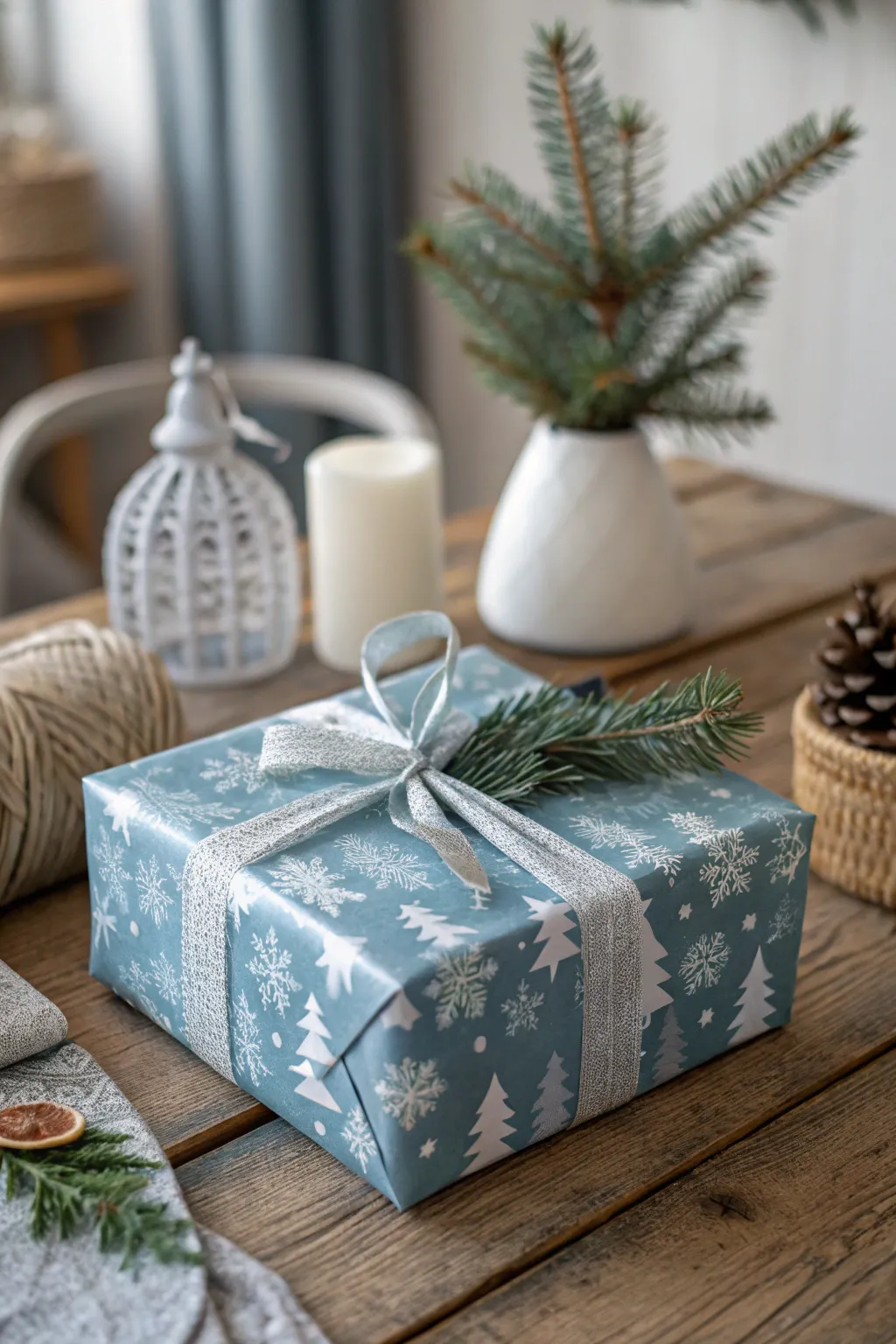 Embrace the art of minimalism with this frosty blue and silver gift wrap idea, perfect for a chic and cohesive holiday look.