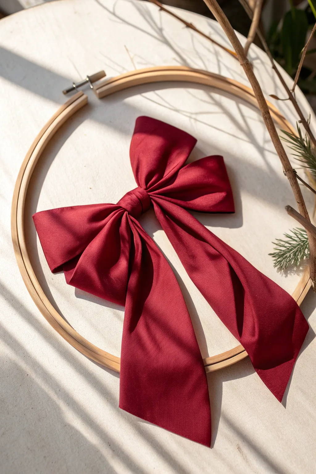 Add a touch of bold elegance to your holiday decor with a statement bow on a minimalist hula hoop.