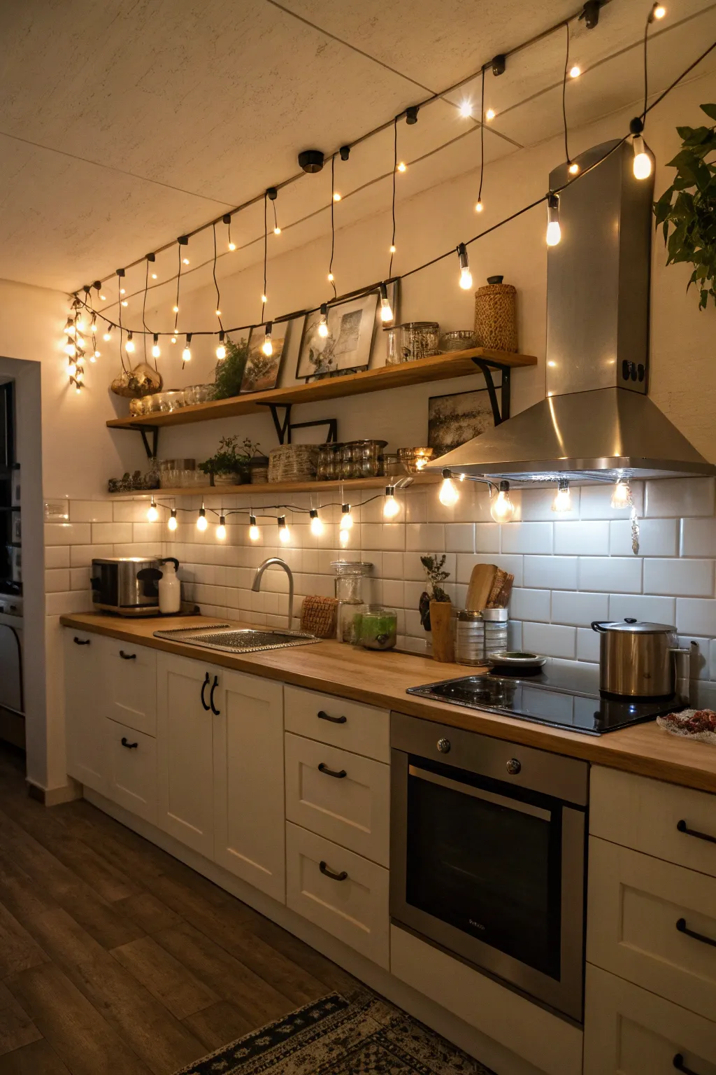 Under-shelf lights add a festive glow to your kitchen workspace.