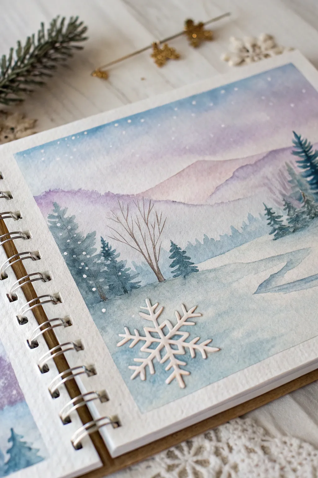 Capture the magic of winter with serene watercolor artistry in your scrapbook.