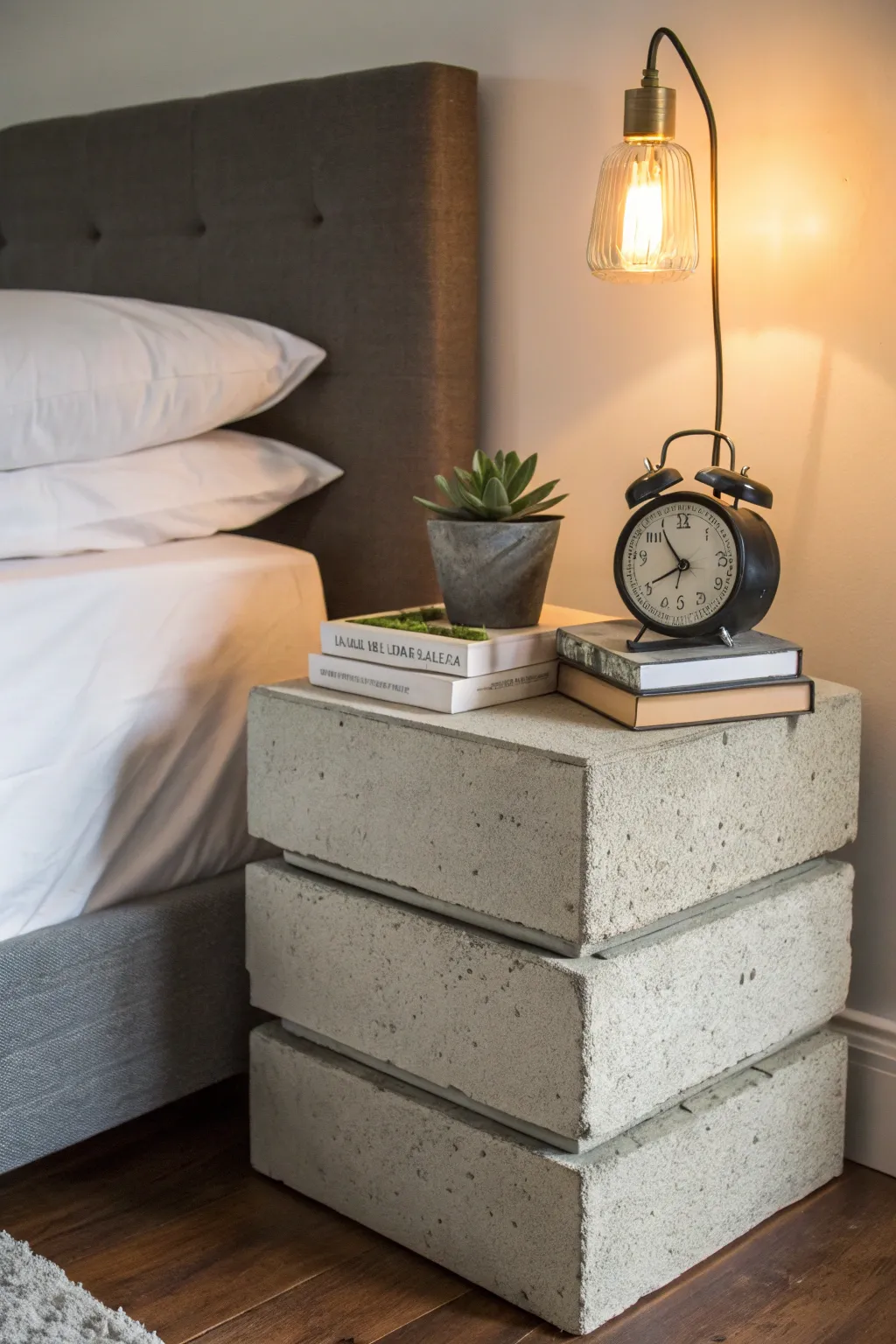 Transform your bedroom with a rustic, DIY cinder block nightstand that combines style and function effortlessly.