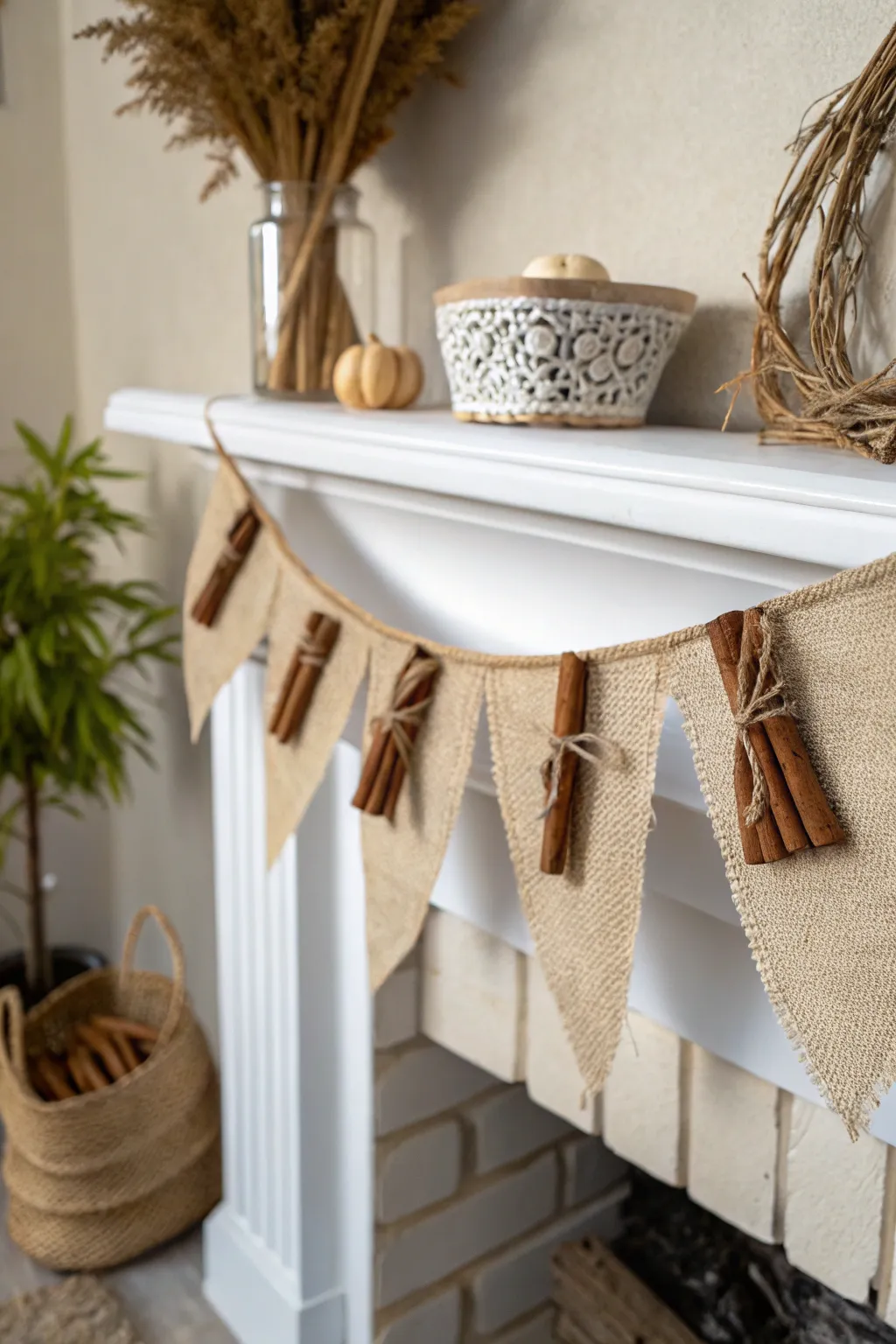 Add warmth and rustic charm to your home with a handcrafted cinnamon stick and burlap banner.
