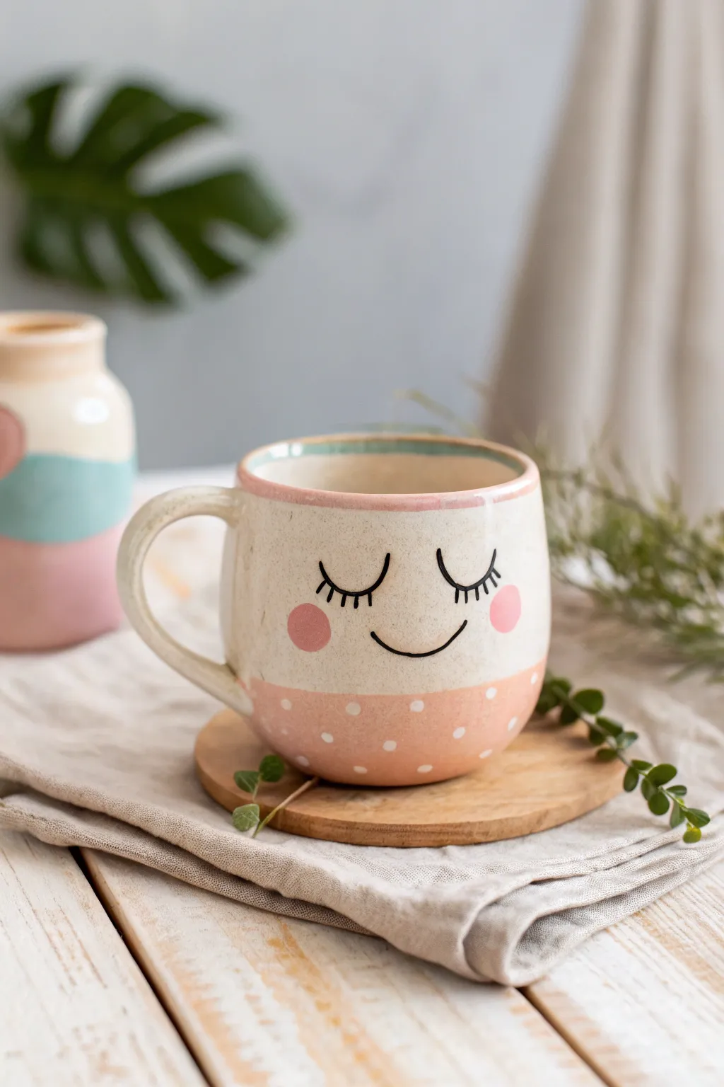 Start your day with a smile and a sip from this charming clay mug!