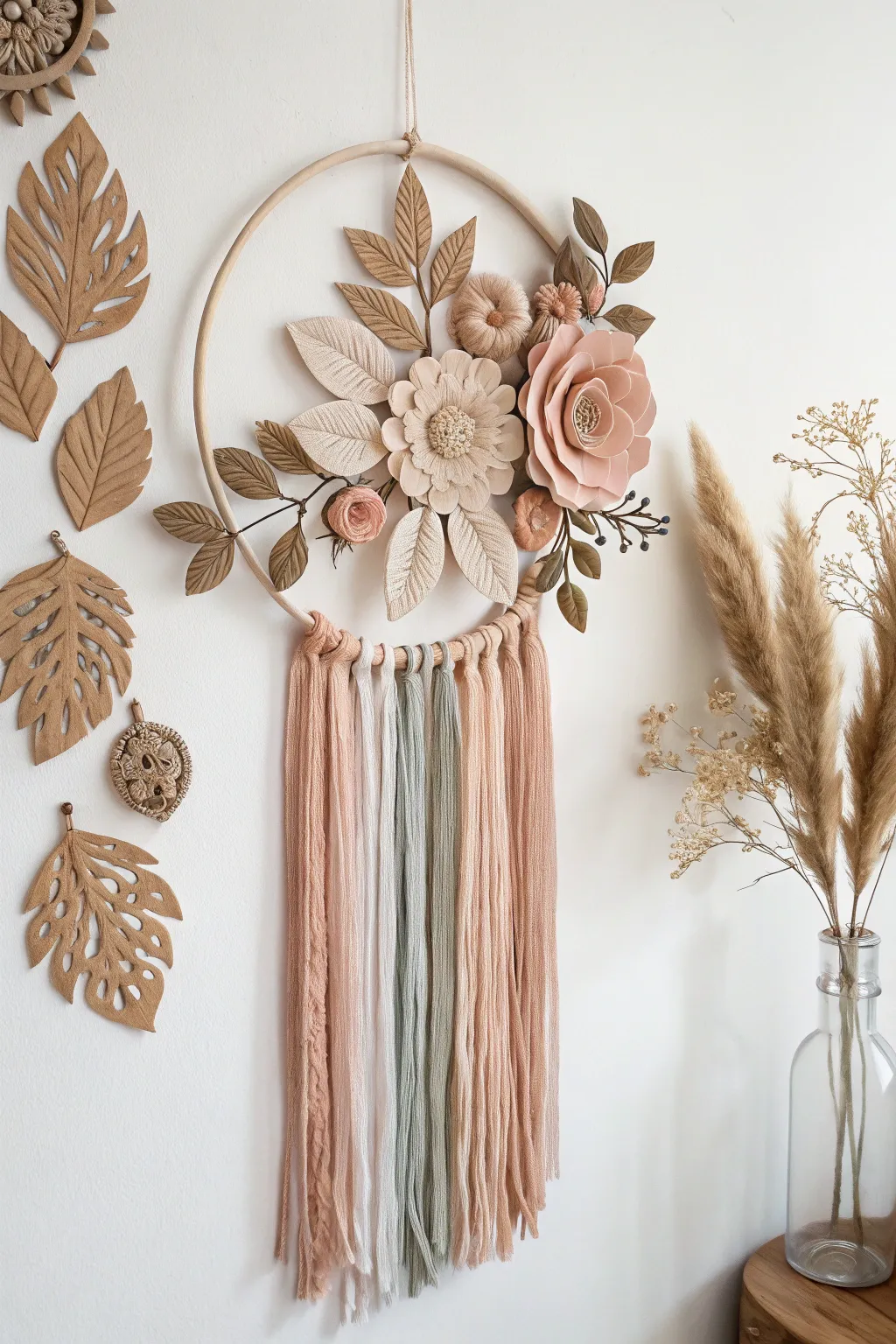 Embrace the art of fusion with this clay and fabric botanical masterpiece, where earthy elegance meets soft textures.
