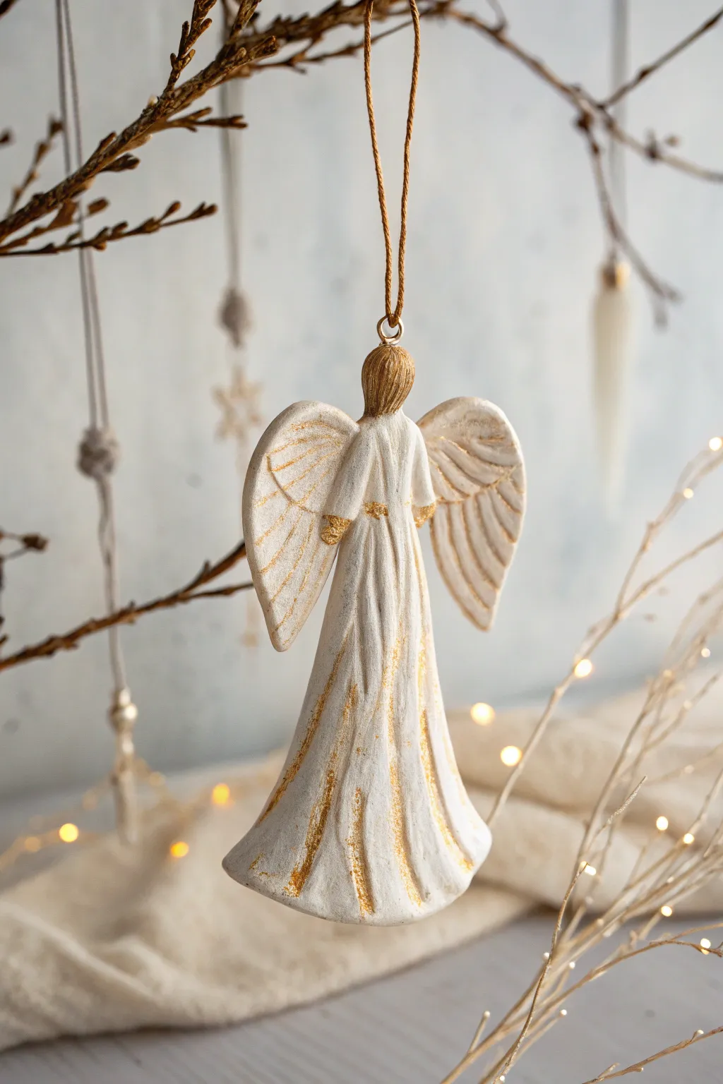 Grace meets craftsmanship: a touch of gold on these elegant clay angel ornaments.
