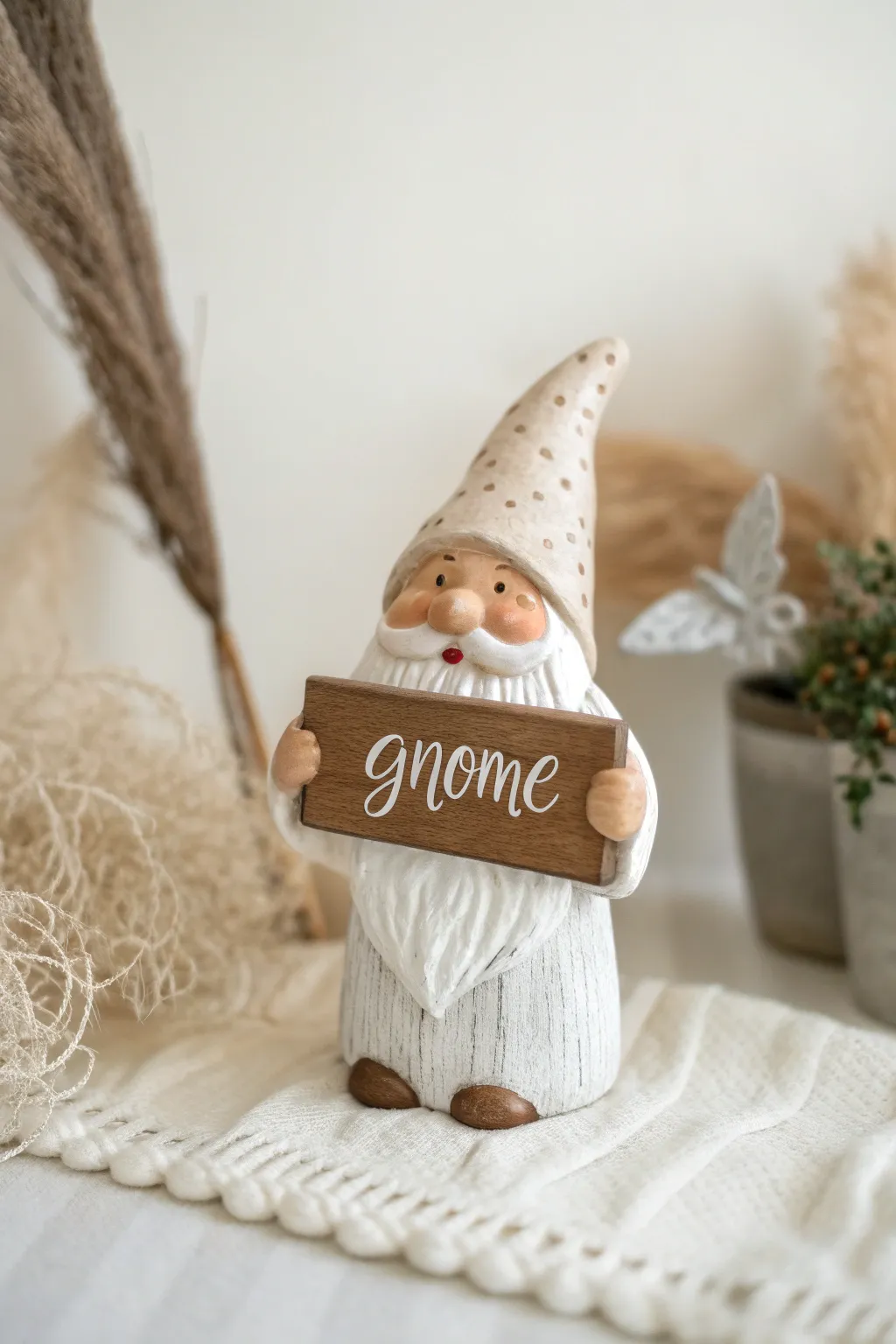 Welcome guests with a charming clay gnome holding a heartfelt message, blending Scandinavian simplicity with boho flair.