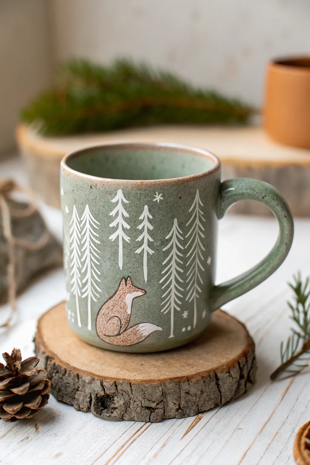 Embrace the forest's charm with this serene fox-themed clay mug.