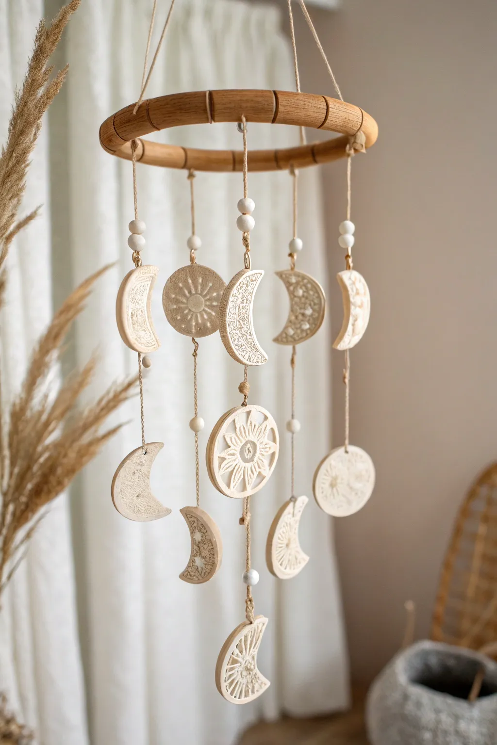 Elevate your space with a whimsical touch – a clay mobile that dances with the phases of the moon.