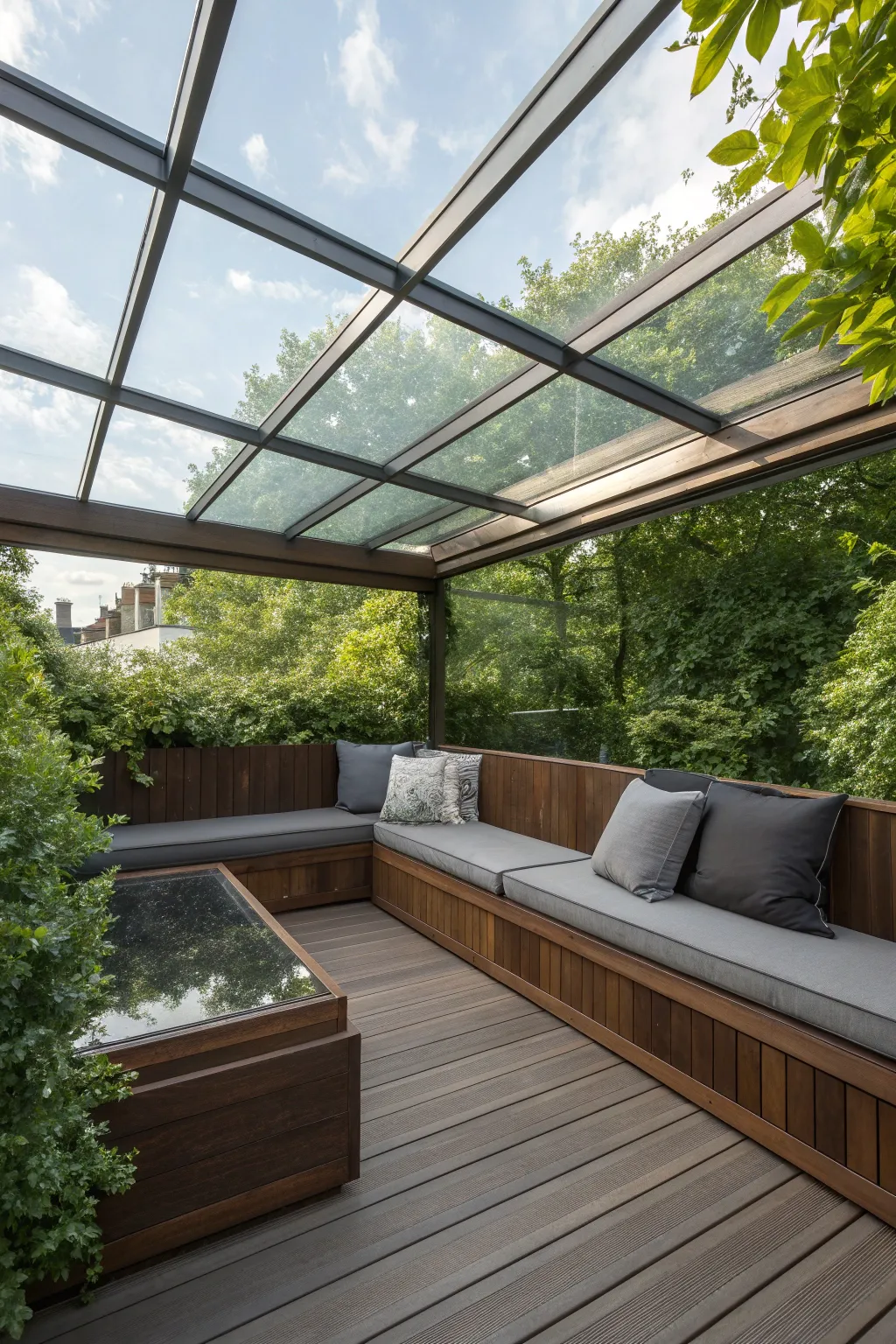 Elevate your outdoor relaxation with a stylish built-in seating area under a clear deck roof.