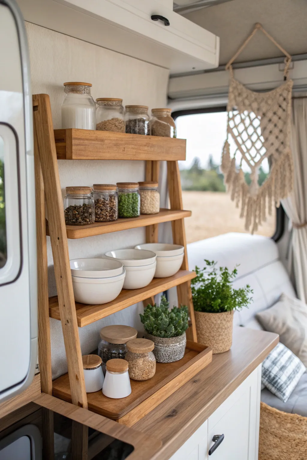 Maximize your campervan space with stylish multi-level shelving. Organization meets elegance!