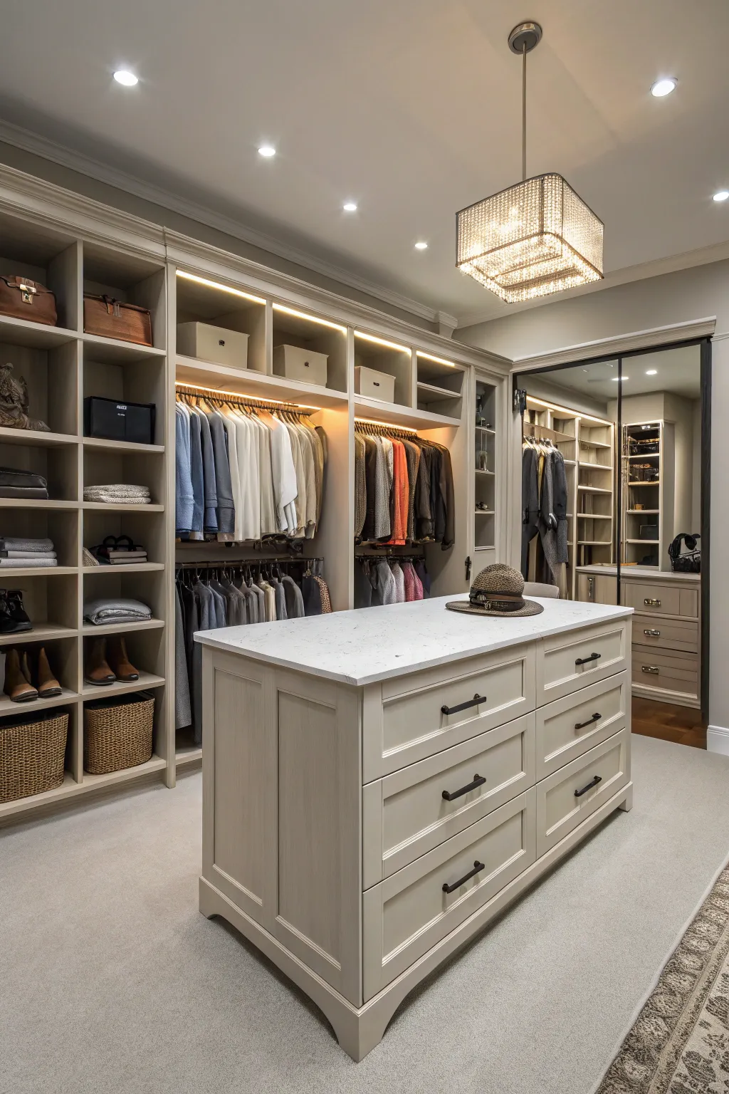 Closet with a center island for enhanced functionality and style.