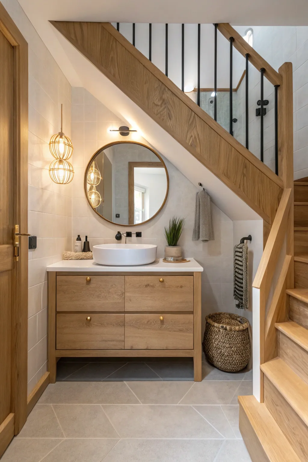 Add a touch of luxury with a chic powder room under the stairs.