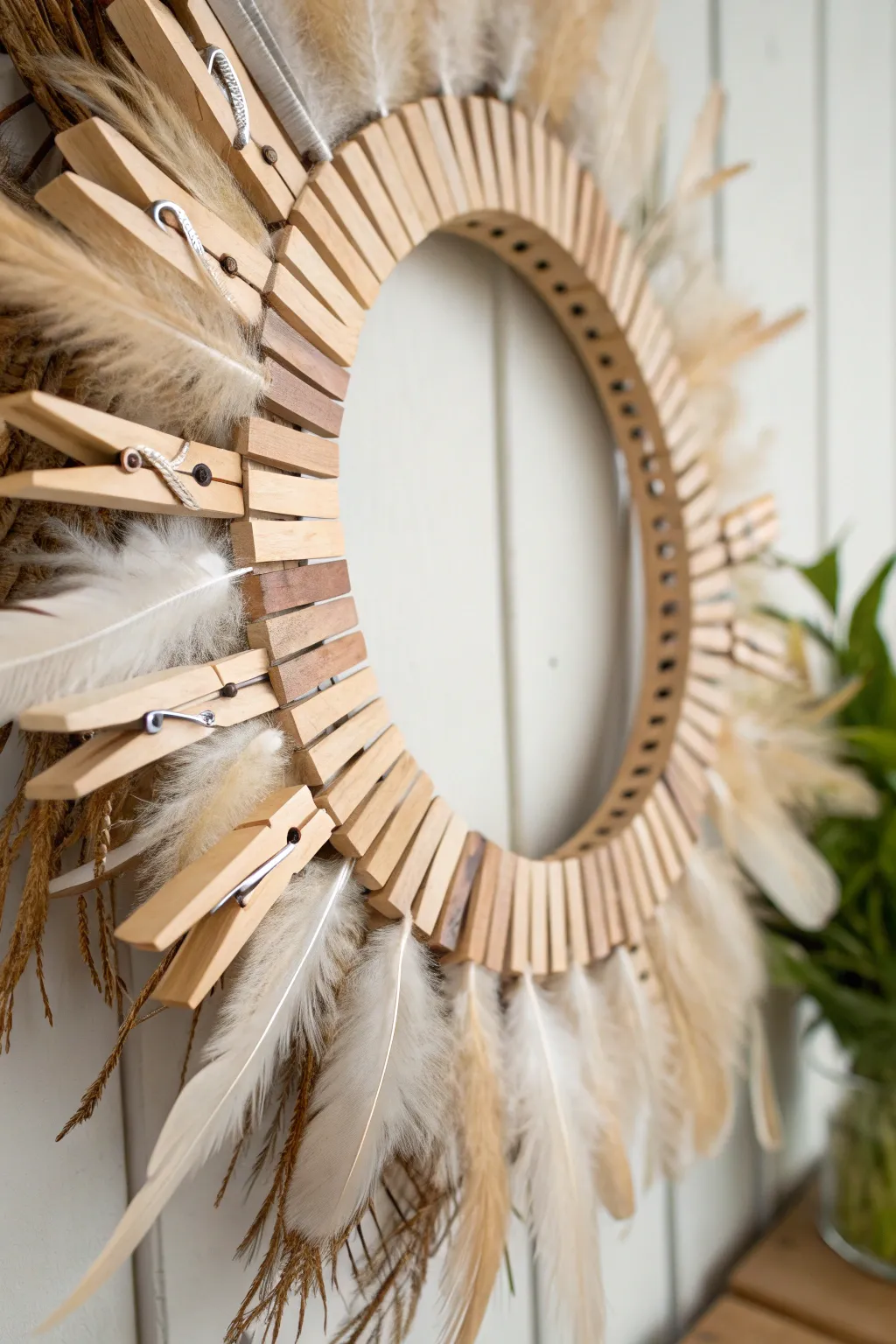 Embrace boho chic with this feather-adorned clothespin wreath—where simplicity meets natural elegance.