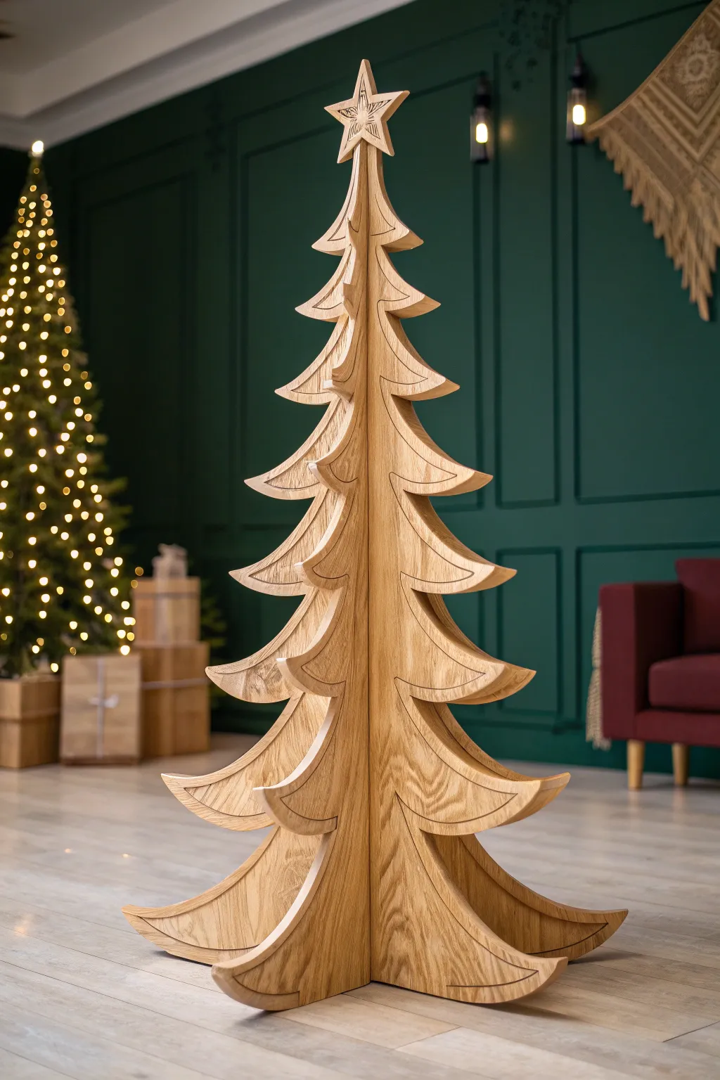 Elevate your holiday decor with this exquisite wooden Christmas tree masterpiece.