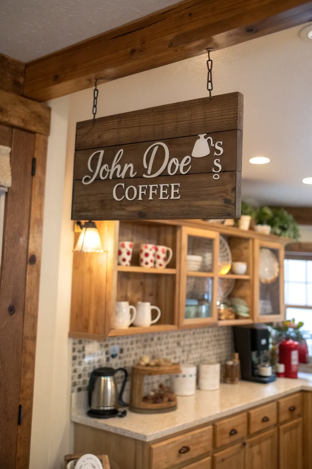 A personalized coffee sign displayed on a cozy kitchen wall.