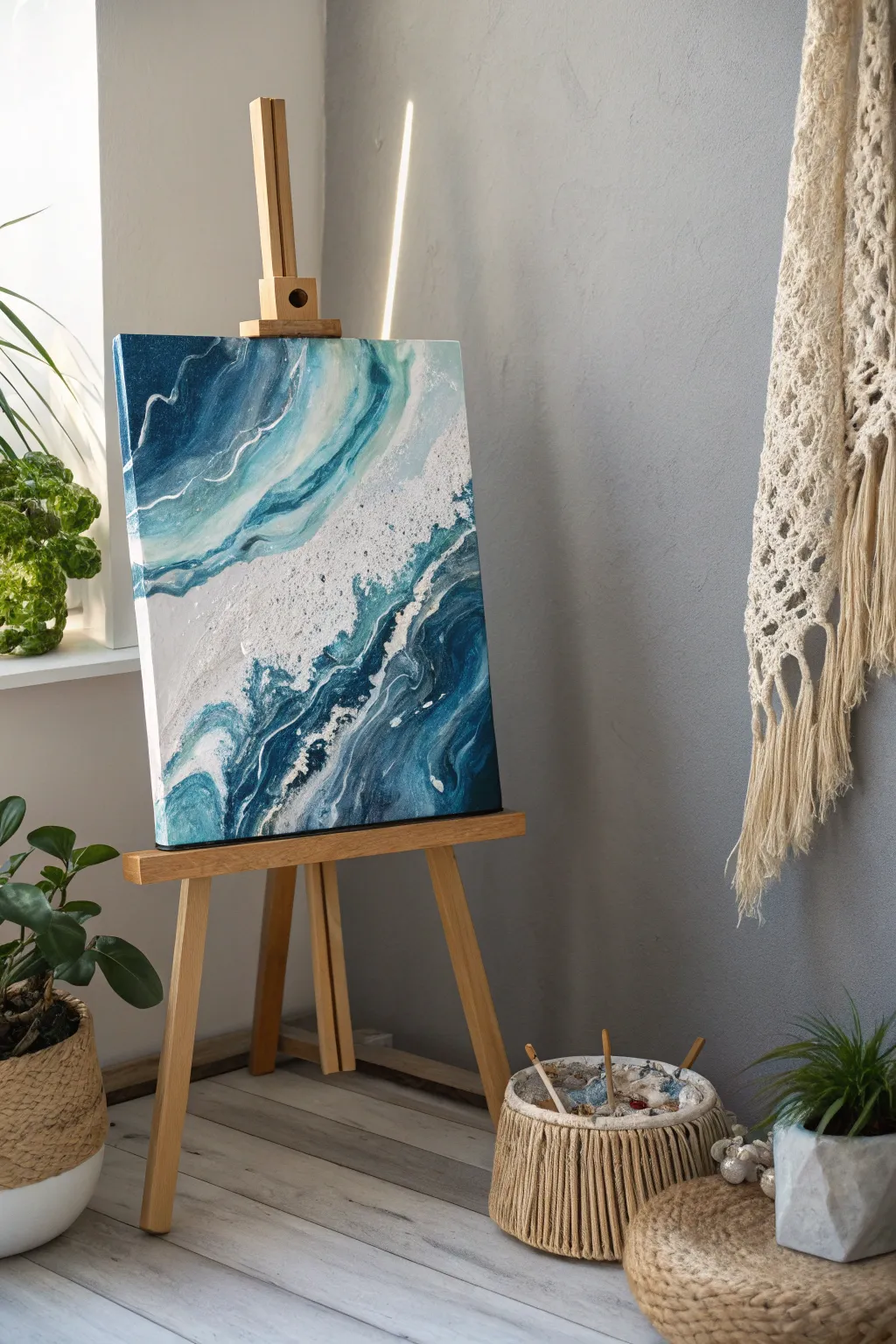 Embrace the serene elegance of winter with this captivating pour painting in icy blues and silvery whites.