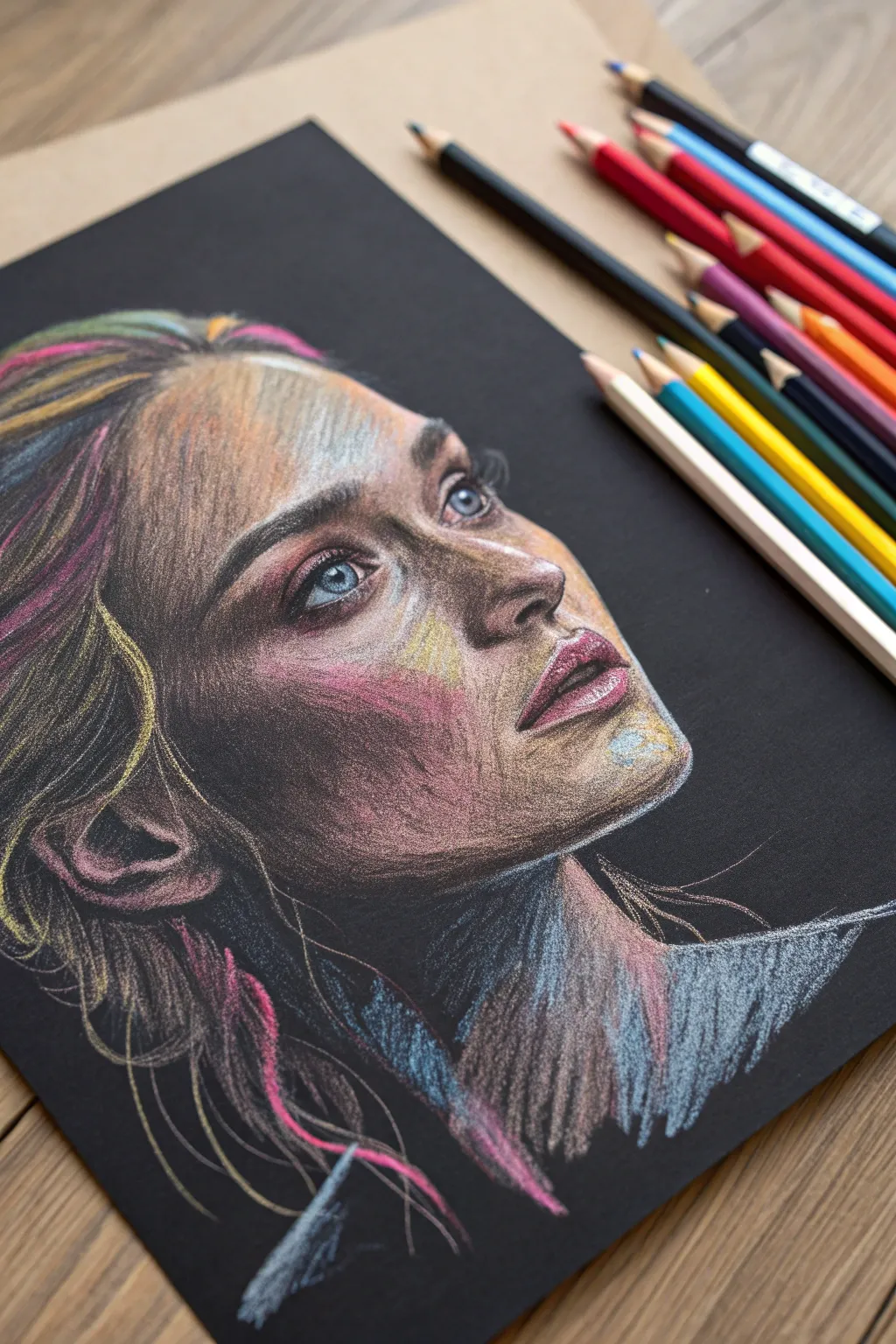 Unleash your creativity with surreal colored pencil portraits on black paper. Let the unexpected colors pop and transform your artistic vision!