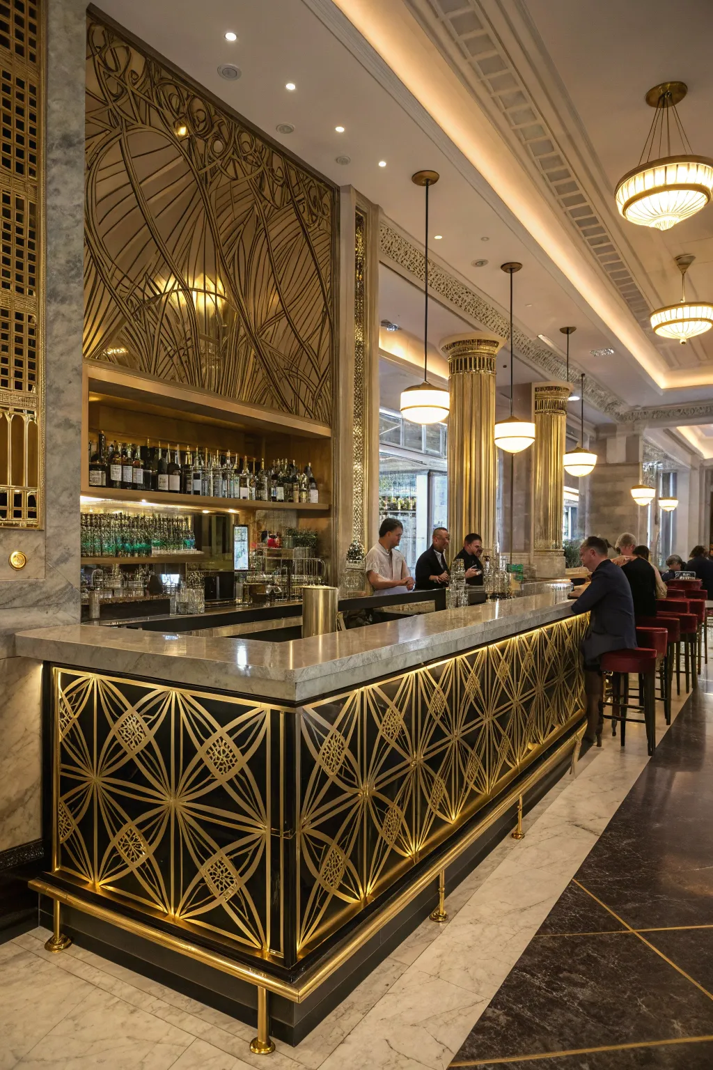 Exude opulence with Art Deco elegance, featuring geometric patterns and metallic accents.