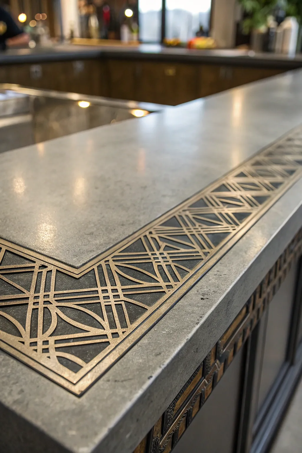 Elevate your space with a striking metal inlay on a concrete countertop, where industrial meets artistry.