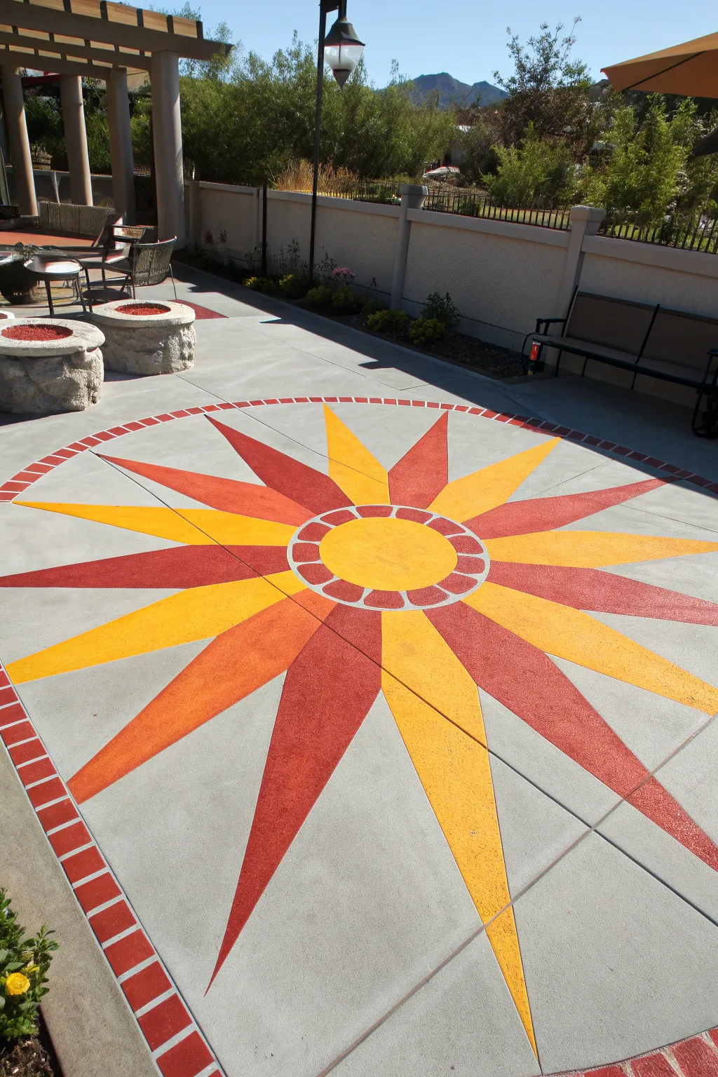 Transform your patio into a radiant oasis with a stunning sunburst design.