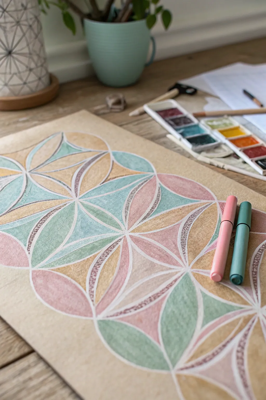Transform your space with the serenity of geometric oil pastel art.