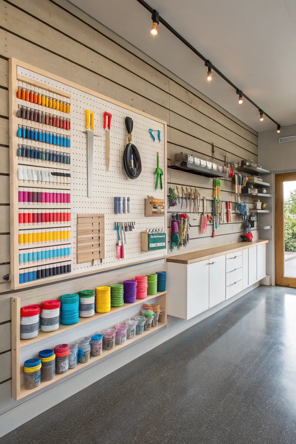 Craft your masterpiece in style with a perfectly organized slatwall workspace.