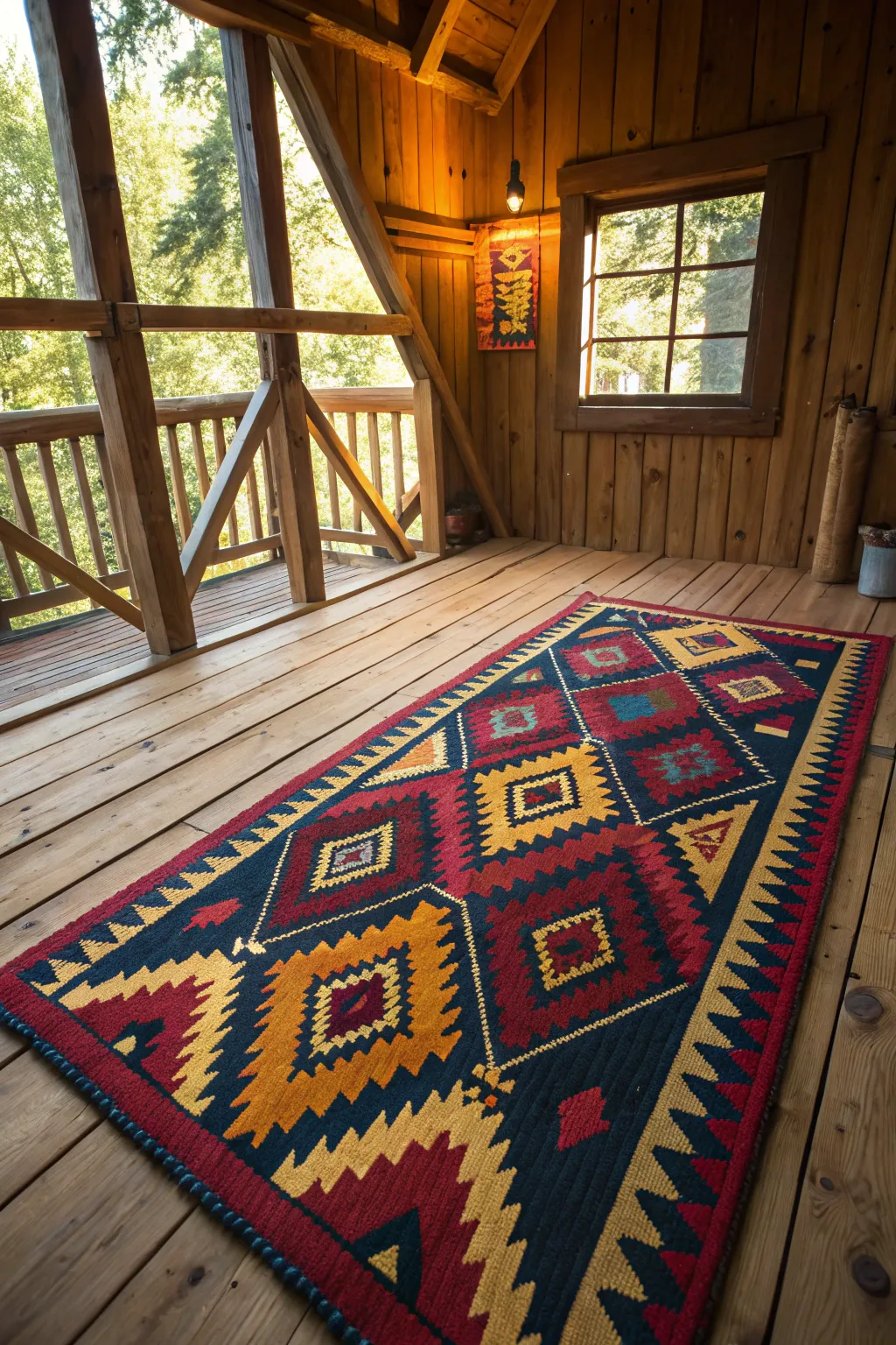 Transform your treehouse into a cozy retreat with a splash of color from a vibrant rug.