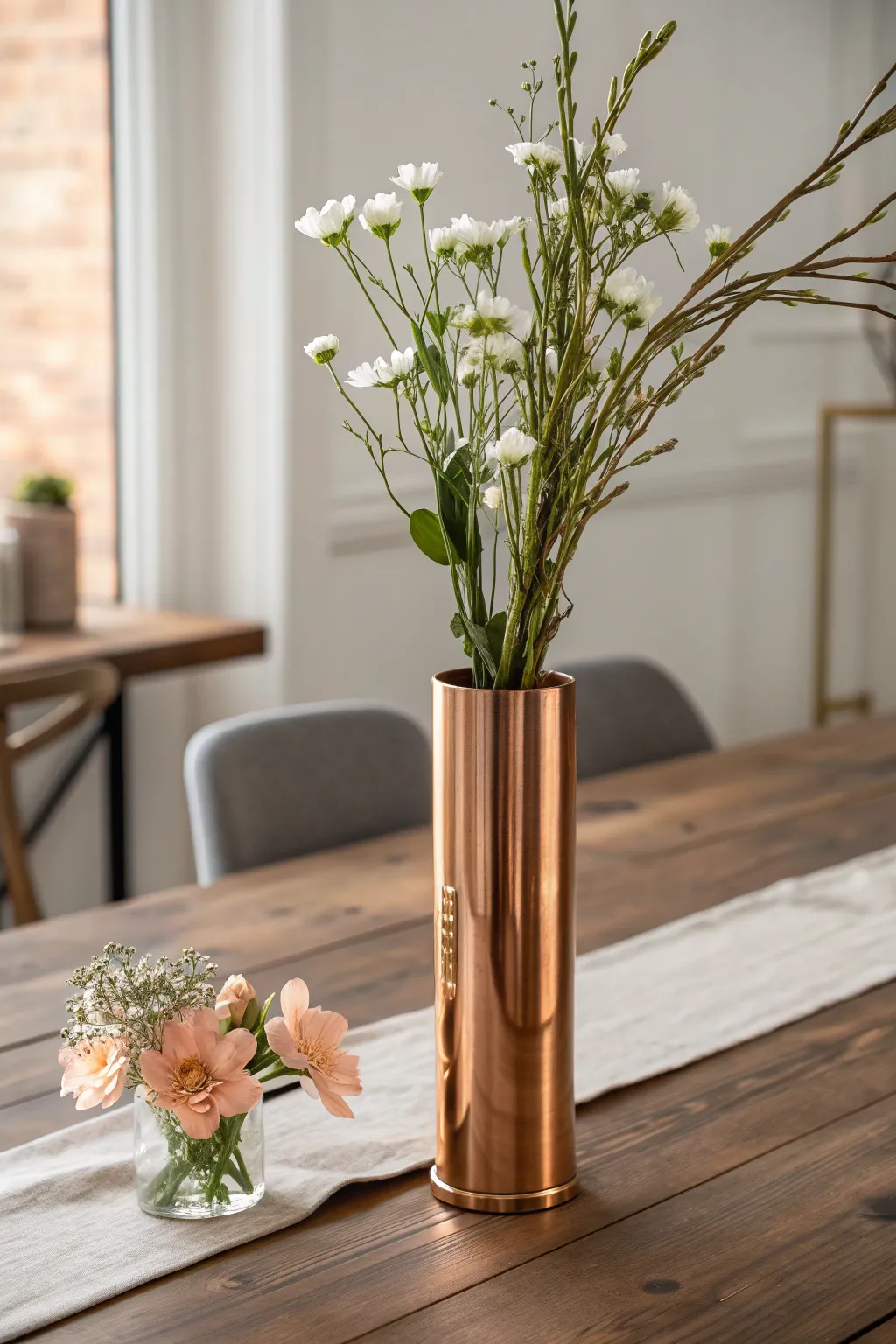 Elevate your dining decor with a chic copper pipe vase, blending industrial style with natural beauty.